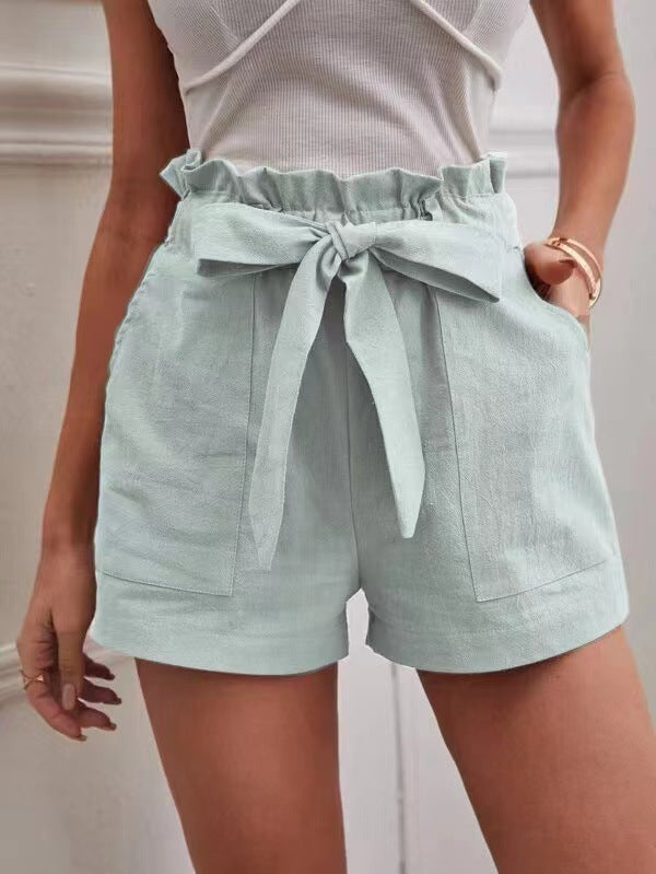 Damen Leichte Shorts mit dekorativem Bindegürtel und elastischem Bund Drune