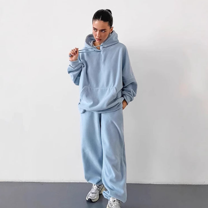 Damen Fleece Lounge-Set mit weiten Beinen und Kapuze Drune