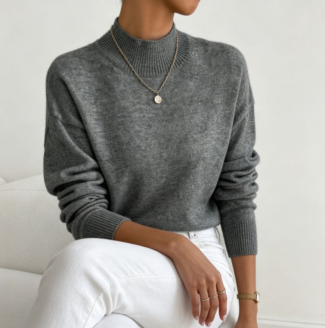 Damen kuscheliger Feinstrickpullover mit Stehkragen und überschnittener Schulter Drune