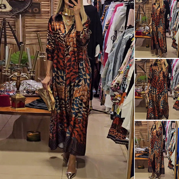 Damen nan fließendes Satin-Hemdkleid mit Hemdkragen, geometrischem Mosaikprint und legerer Maxilänge Drune