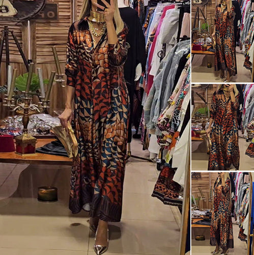 Damen nan fließendes Satin-Hemdkleid mit Hemdkragen, geometrischem Mosaikprint und legerer Maxilänge Drune
