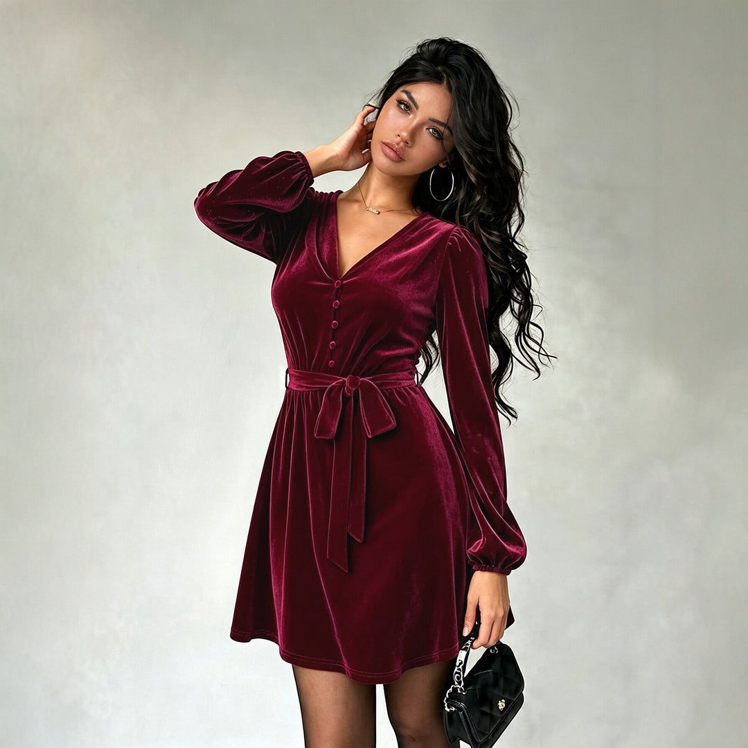 Damen elegantes Samt-Minikleid mit V-Ausschnitt Knopfleiste Ballonärmeln und Taillengürtel Drune