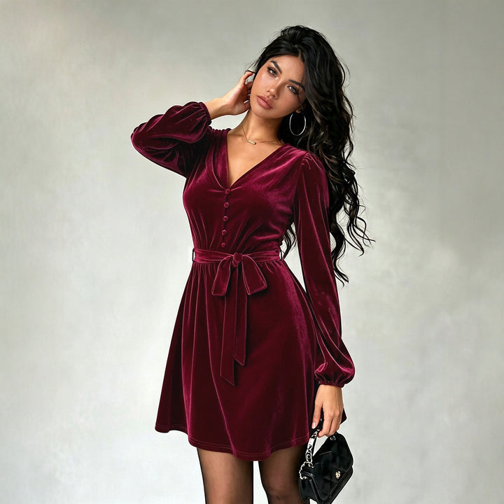 Damen elegantes Samt-Minikleid mit V-Ausschnitt Knopfleiste Ballonärmeln und Taillengürtel Drune