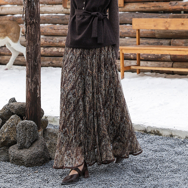 Damen nan voluminöser Chiffon-Tellerrock im Paisley-Motiv mit elastischem Taillenbund Drune