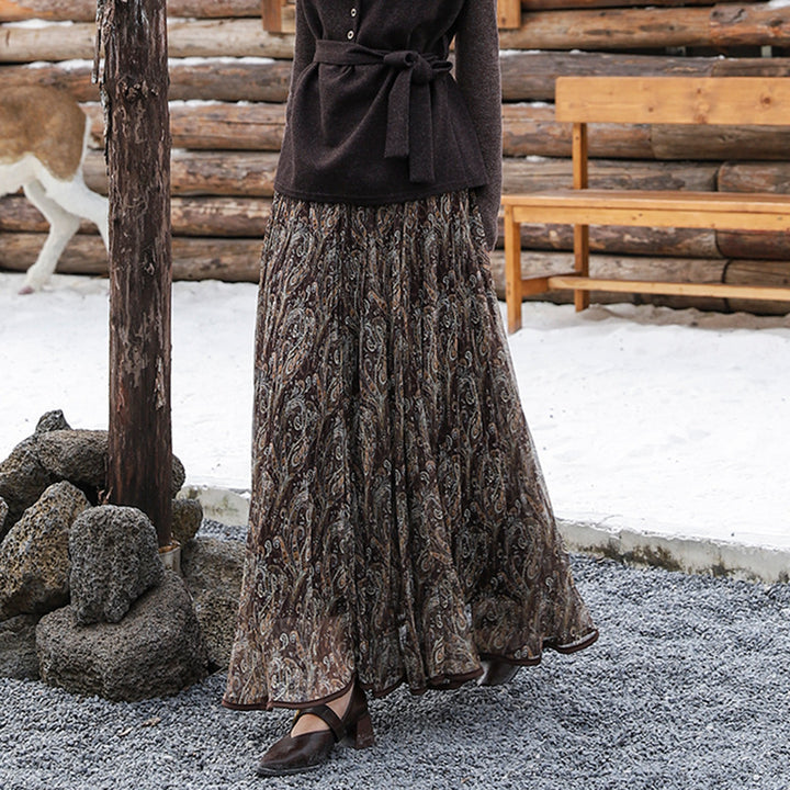 Damen nan voluminöser Chiffon-Tellerrock im Paisley-Motiv mit elastischem Taillenbund Drune