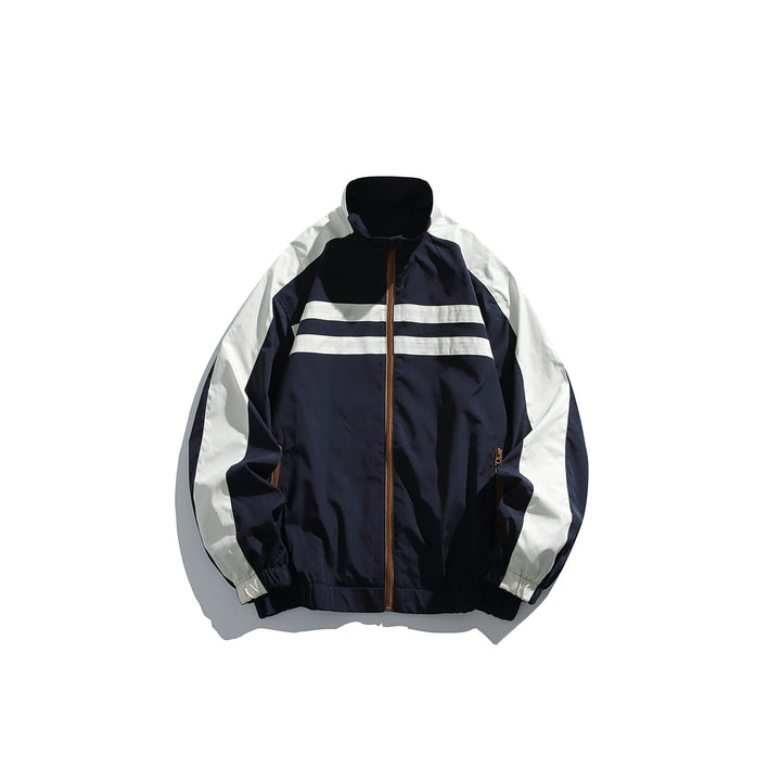 Unisex Sportive Trackjacke im Retro‑Windbreaker‑Design mit Stehkragen und Kontraststreifen Drune