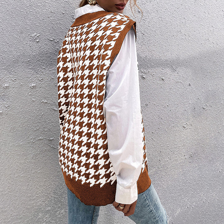 Damen Oversize Strickweste mit Hahnentritt‑Muster und tiefem V‑Ausschnitt Drune