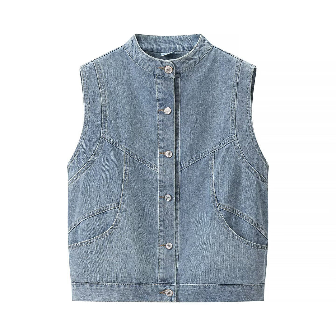 Damen Jeansweste mit Stehkragen, durchgehender Knopfleiste und aufgesetzten Taschen Drune