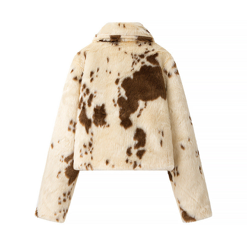 Damen nan cropped Kurzblouson aus Teddy-Kunstfell mit Flecken‑Print, Stehkragen und verdecktem Reißverschluss Drune