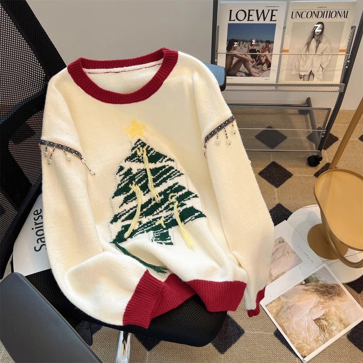 Damen festlicher Strickpullover mit Tannenbaum-Motiv und verspielten Akzenten Drune