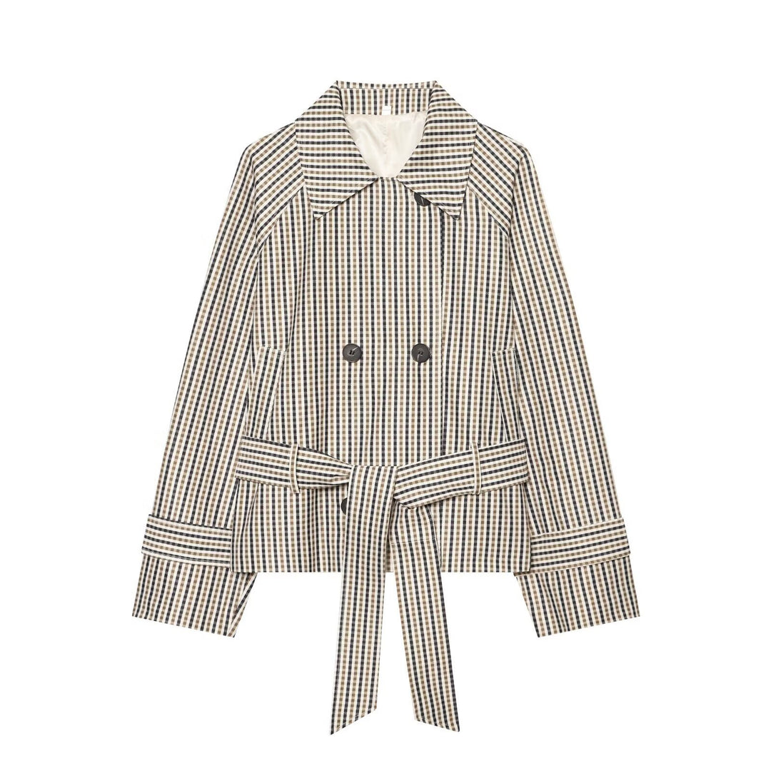 Damen Kurze taillierte Doppelreihige Trenchjacke mit Karo‑Muster und Bindegürtel Drune