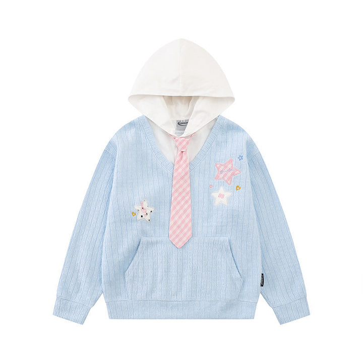 Damen Kapuzenpullover mit V‑Ausschnitt, angenähter Krawatten‑Applikation und Sternpatches Drune
