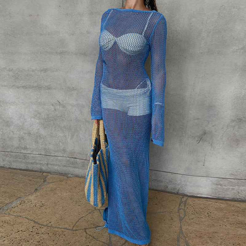 Damen Häkel-Strandmaxikleid mit weitem Schnitt und eleganten Glockenärmeln Drune
