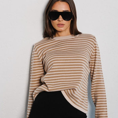 Damen gestreifter Strickpullover mit Rundhalsausschnitt und langem Arm Drune