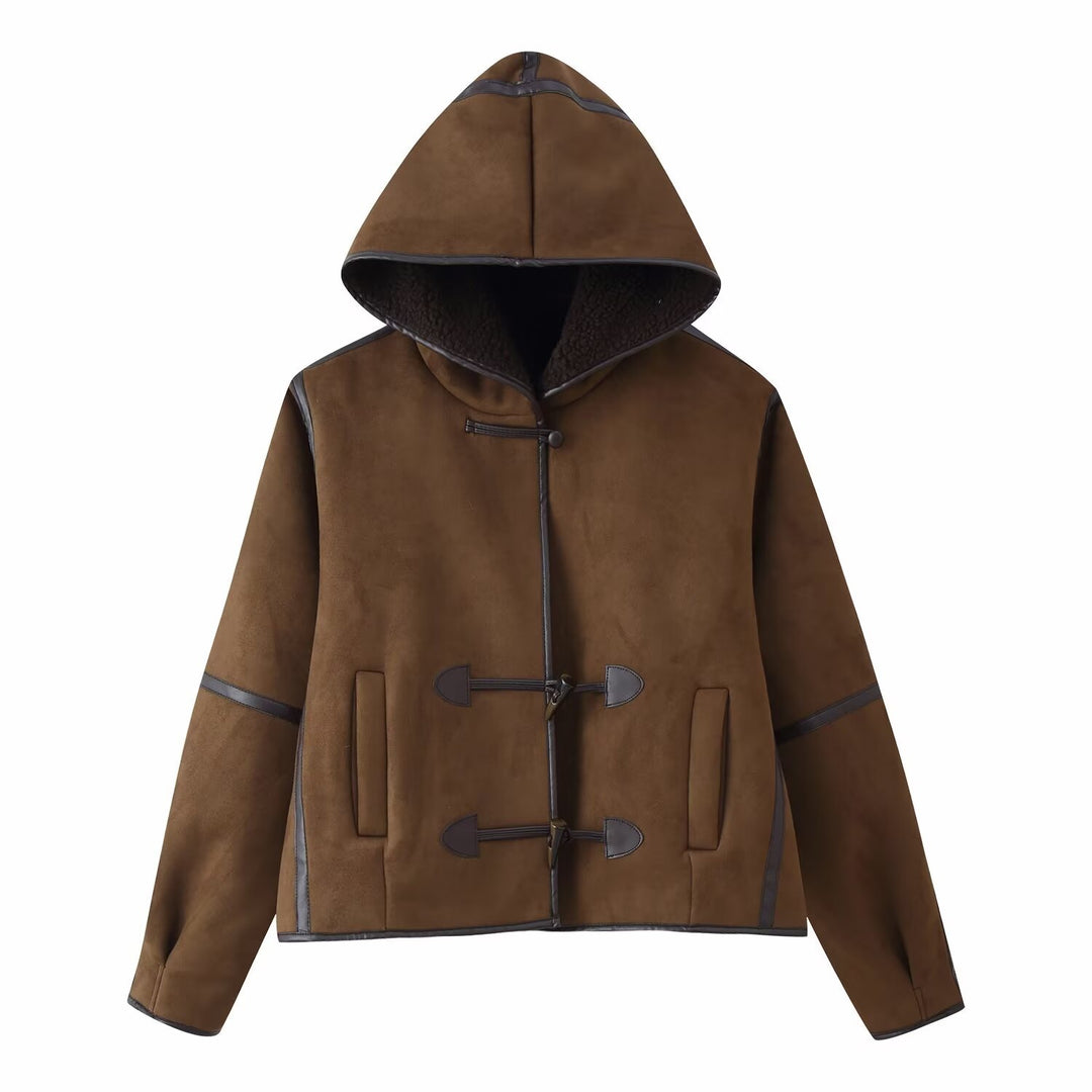 Damen 10+ kurze Lammfell‑Optik Dufflejacke mit Kapuze und Knebelverschlüssen Drune