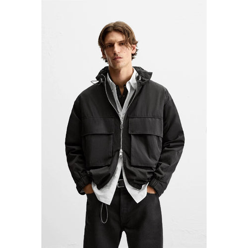 Herren Kurz geschnittene Kapuzen‑Blousonjacke mit aufgesetzten Pattentaschen und Zwei‑Wege‑Reißverschluss Drune