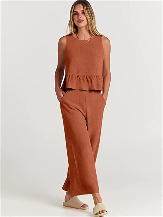 Damen Zweiteiler-Set mit schickem Peplum-Oberteil und weit geschnittenen Hosen Drune