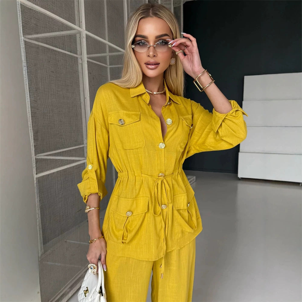 Damen Leinenoptik Utility-Hemdjacke mit Tunnelzugtaillierung und goldenen Zierknöpfen Drune