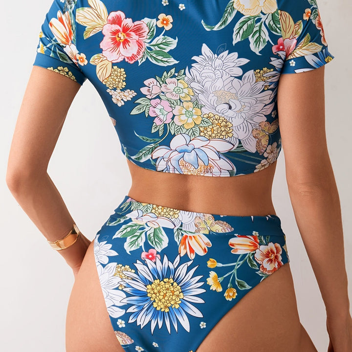 Damen Crop-Top Bade-Set mit floralem Design und hohem Beinausschnitt Drune