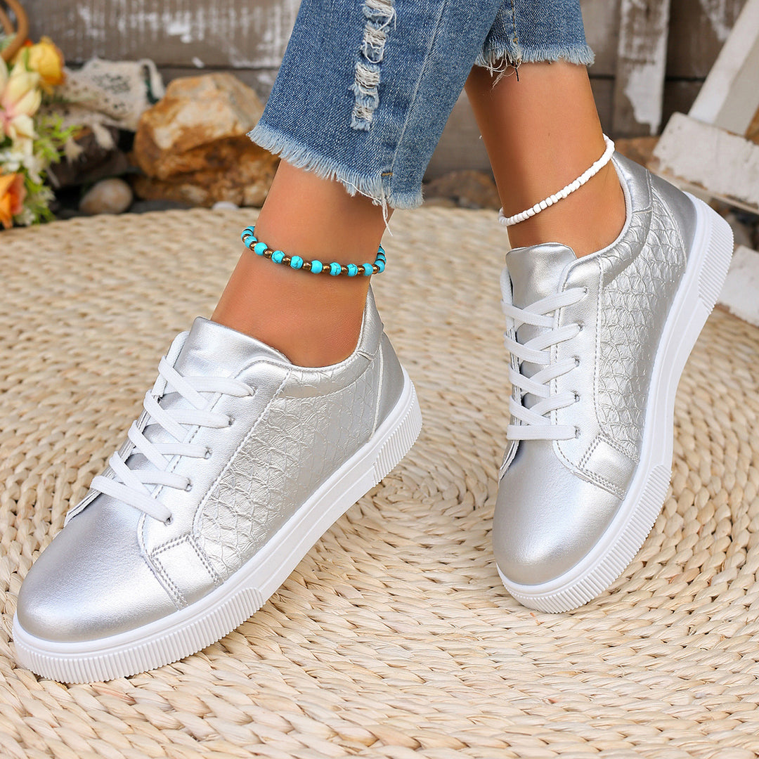 Damen Glänzende Sneaker mit Krokoprägung, gepolstertem Fußbett und rutschfester Profilsohle Drune
