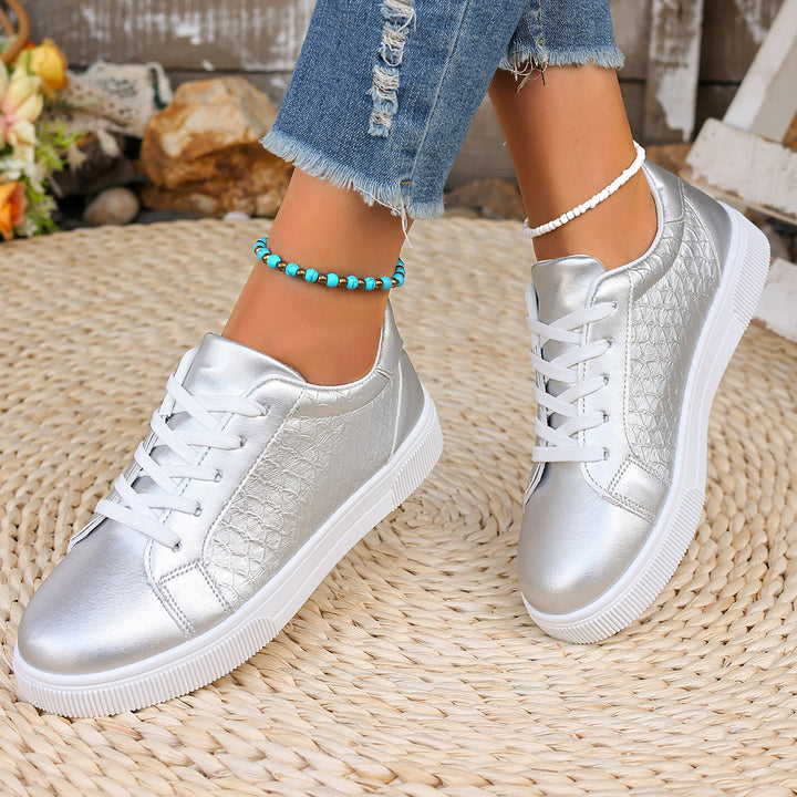 Damen Glänzende Sneaker mit Krokoprägung, gepolstertem Fußbett und rutschfester Profilsohle Drune