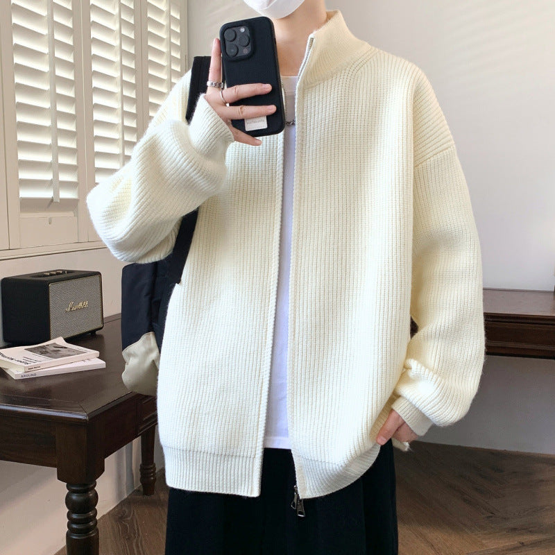 Herren Oversized Strick‑Zipjacke mit hohem Stehkragen und feiner Rippstruktur Drune