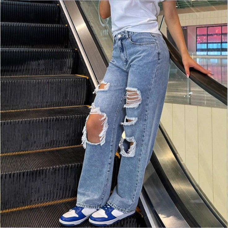 Damen High‑Waist Baggy-Jeans mit großflächigen Knie-Rips und geradem Bein Drune