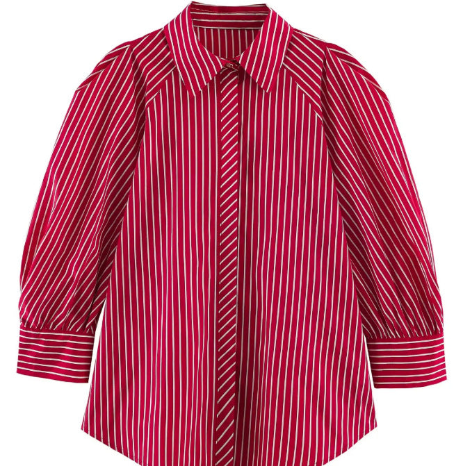 Damen Längsgestreifte Oversize‑Hemdbluse mit ellbogenlangen Ballonärmeln und verdeckter Knopfleiste Drune