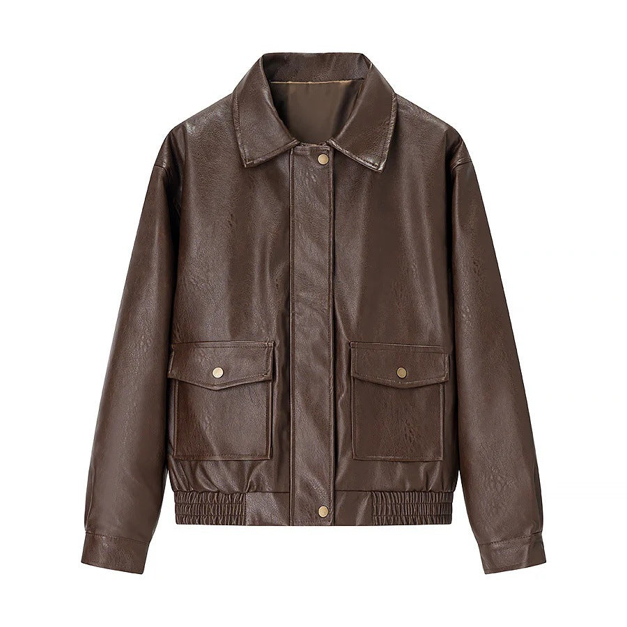 Damen modische Kunstlederjacke mit praktischen Taschen Drune