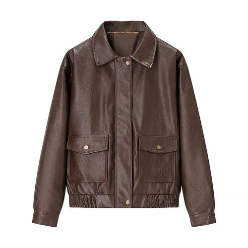 Damen modische Kunstlederjacke mit praktischen Taschen Drune