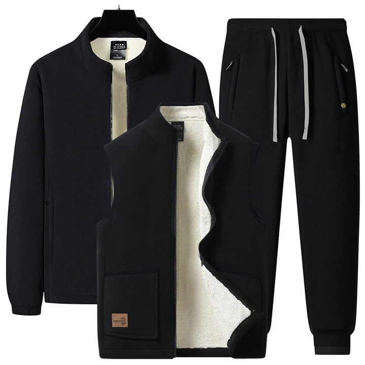 Herren dreiteiliges Fleece-Set mit wattierter Weste, Stehkragenjacke und Jogginghose Drune