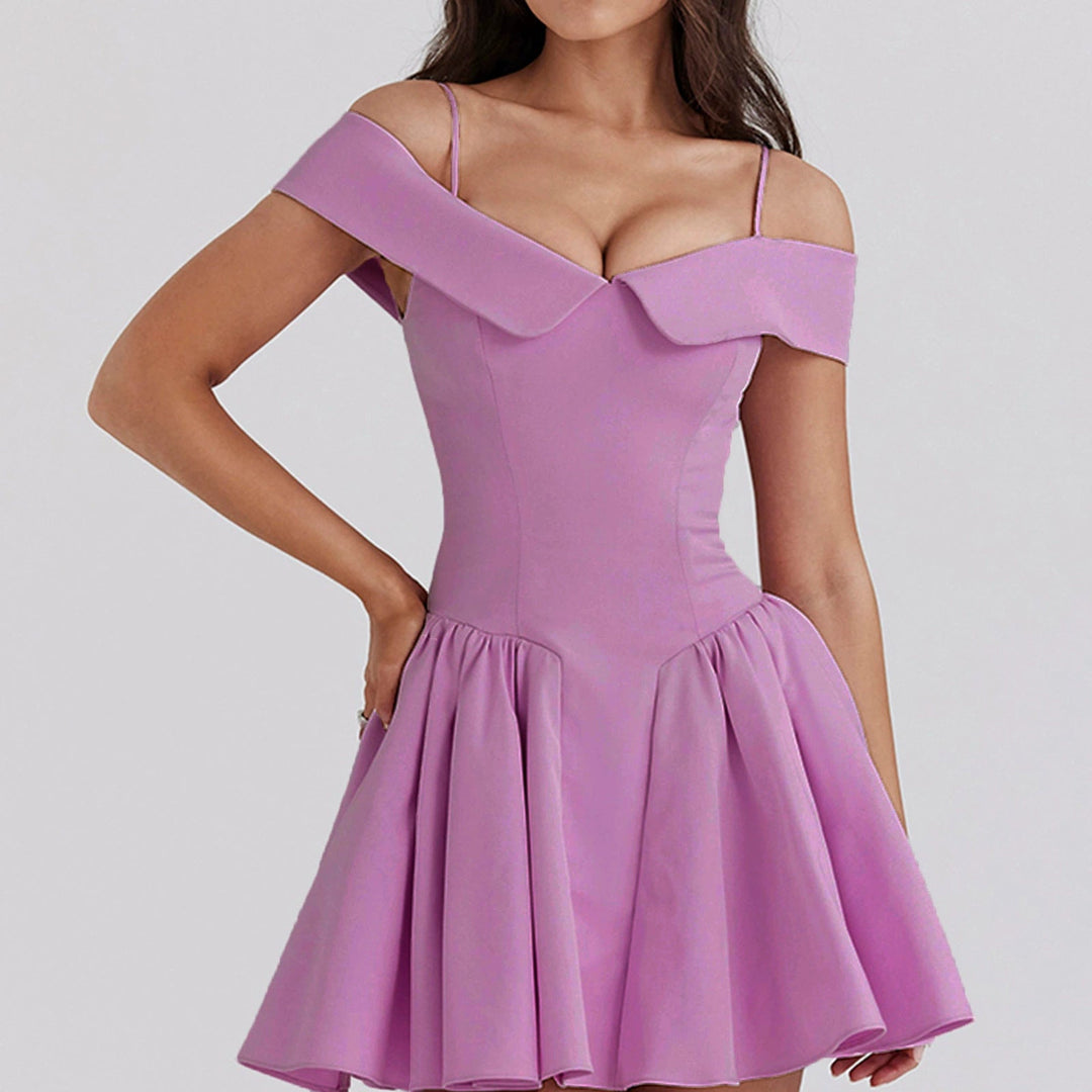 Damen Elegantes Off-Shoulder Minikleid mit voluminösem Saum und raffinierten Falten Drune
