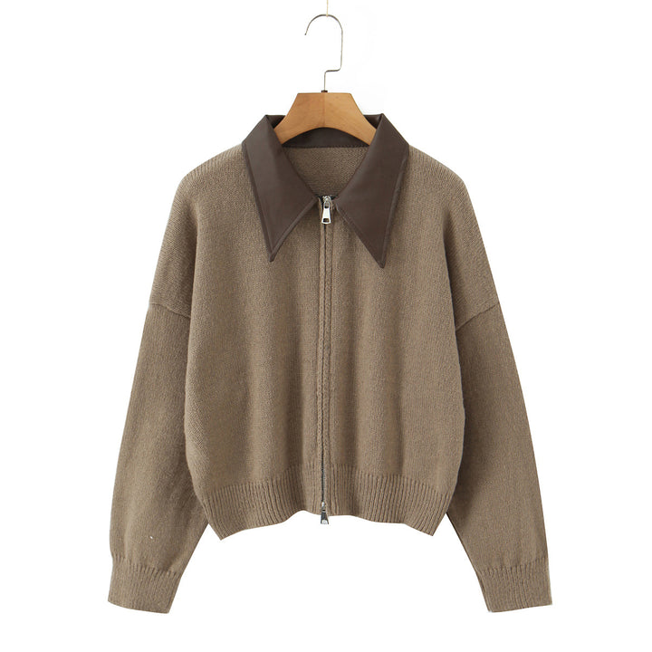 Damen 10+ Oversize Strickjacke mit Zweiwege‑Reißverschluss und spitzem Kontrastkragen Drune