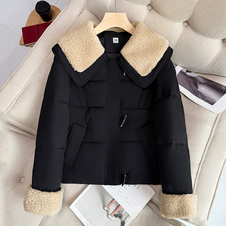 Damen nan kurzer wattierter Steppblouson mit voluminösem Teddykragen und Umschlag-Teddybündchen Drune