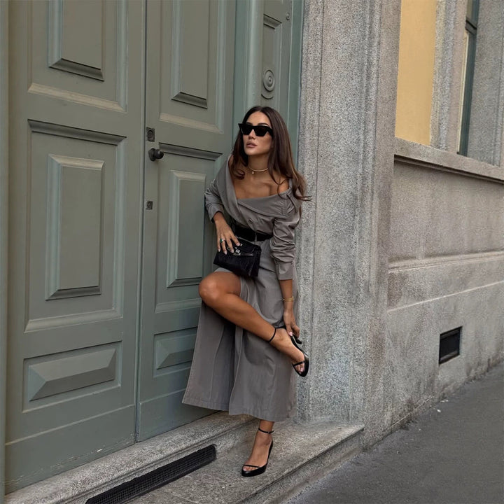 Damen Off-Shoulder Trenchkleid mit doppelreihiger Knopfleiste und tailliertem Lackgürtel Drune