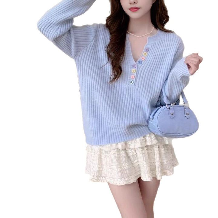 Damen Kuschel-Pullover mit Knopfleiste und Rundhalsausschnitt Drune