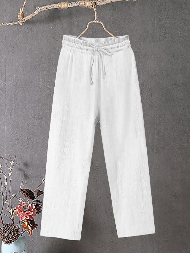 Damen Crinkle Leinenmischung Hose mit elastischem Kordelzug, gerade Beinform und lässiger Passform Drune