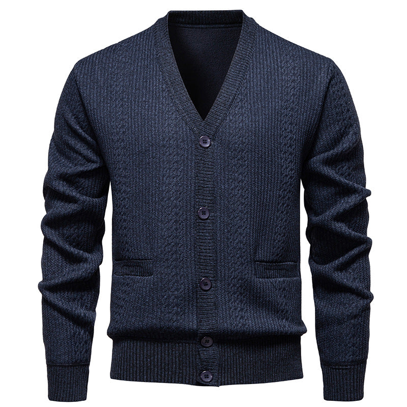 Herren Texturierter V-Ausschnitt Strickcardigan mit Knopfleiste und Eingrifftaschen Drune