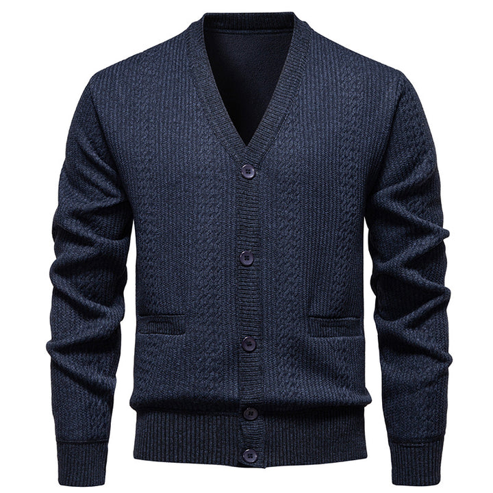 Herren Texturierter V-Ausschnitt Strickcardigan mit Knopfleiste und Eingrifftaschen Drune