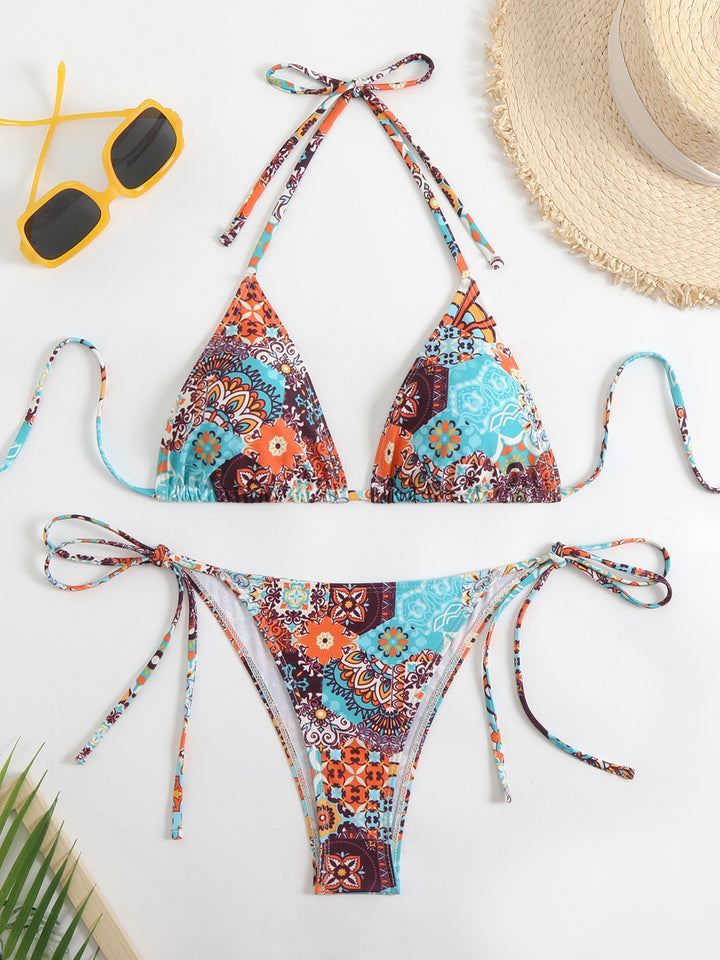 Damen Triangel-Bikini-Set mit verspieltem Blumenmuster und feinen Bindebändern Drune