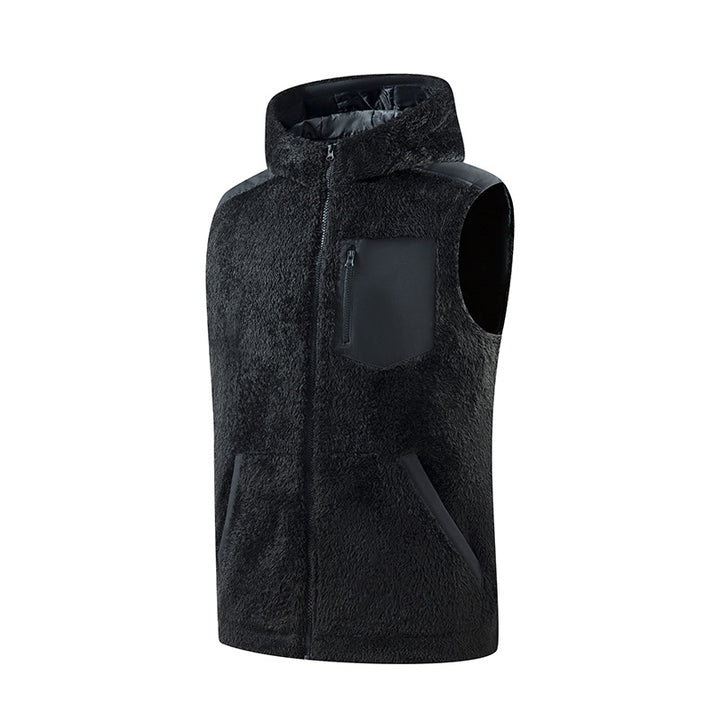 Herren Gefütterte Teddy-Fleece-Weste mit Kapuze, Reißverschluss-Brusttasche und Kängurutaschen Drune