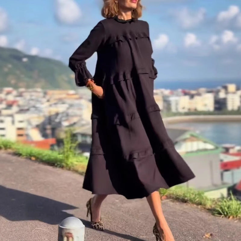 Damen nan kastiges Stufenmidikleid mit Rüschenkragen, gerafften Manschetten und verdeckten Seitentaschen Drune