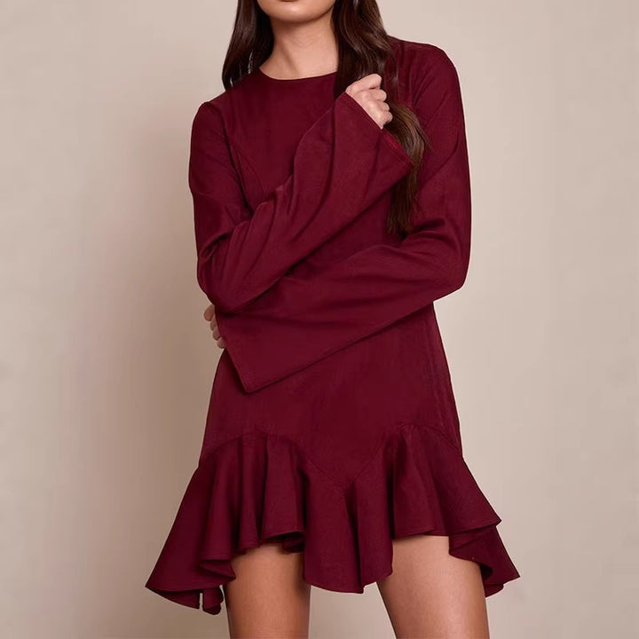 Damen Figurbetontes Langarm-Minikleid mit taillierten Nähten und Volant-Saum Drune