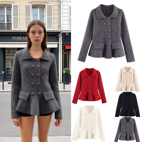 Damen Strukturierte Strickjacke mit Doppelreiher, taillenbetontem Peplum und Pattentaschen Drune