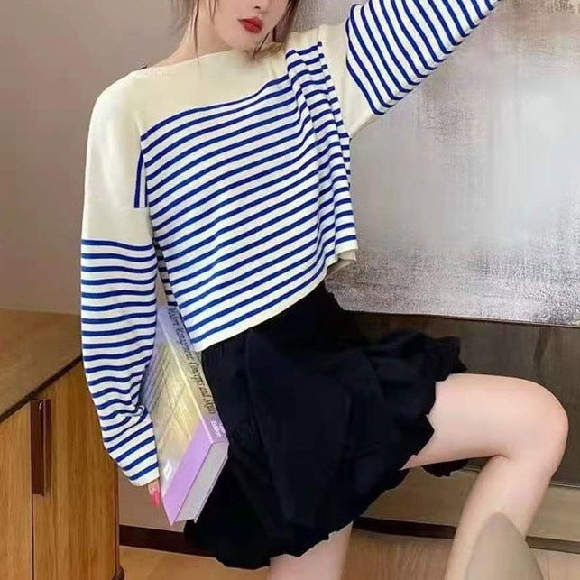 Damen Gestreifter Crop-Top Pullover Drune