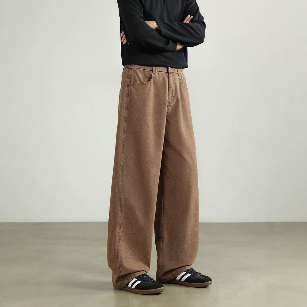 Herren Weite Baumwollhose mit elastischem Bund, geradem Bein und Eingrifftaschen Drune