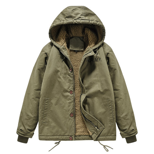 Herren Gefütterte Fieldjacke im Army‑Stil mit Teddyfleece‑Innenfutter und Kapuze Drune