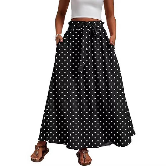 Damen Maxi-Rock mit Paperbag-Taillengürtel, Bindegürtel und Seitentaschen Drune