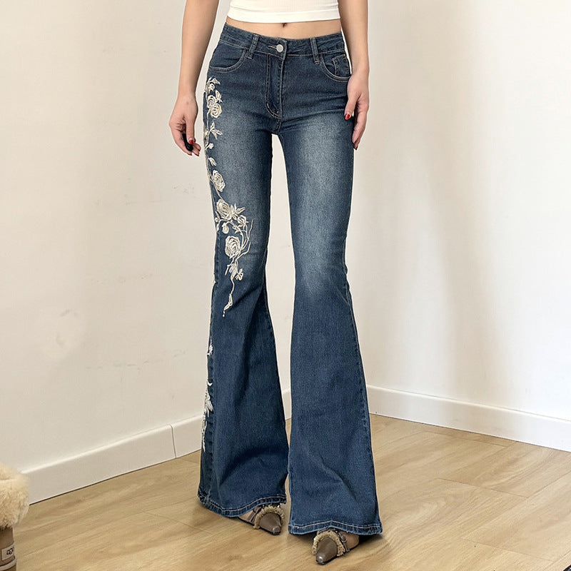 Damen Bestickte Schlagjeans mit hoher Taille und figurformender Passform Drune