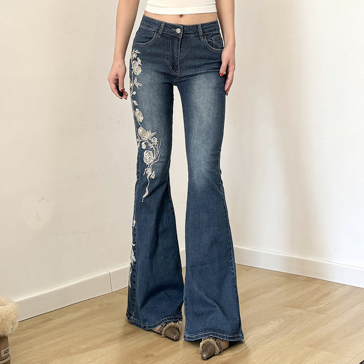 Damen Bestickte Schlagjeans mit hoher Taille und figurformender Passform Drune